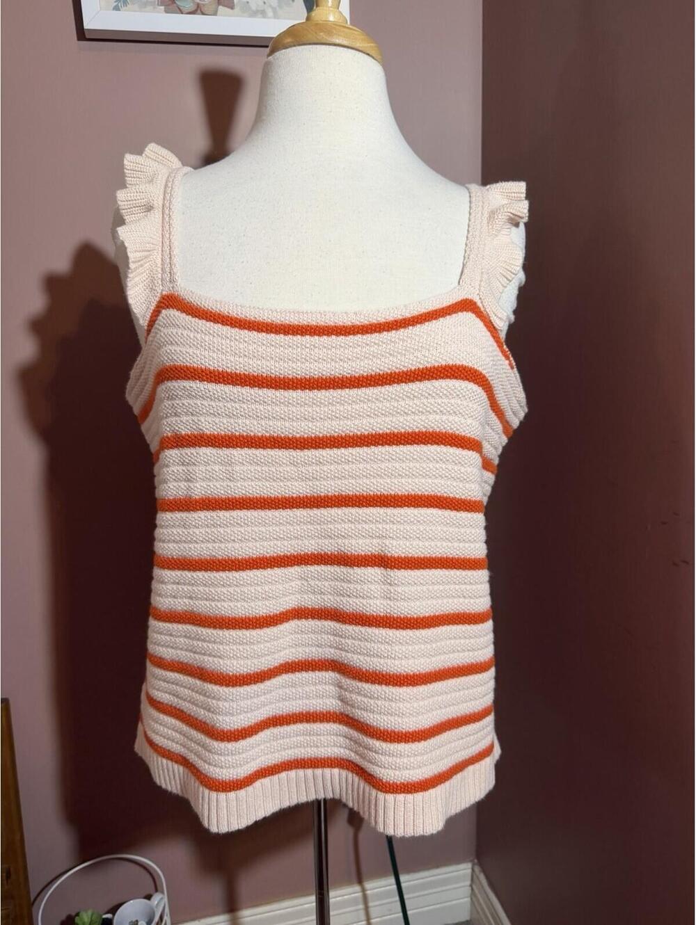 Loft Ruffle Striped Sweater Tank Womens XL Pink Orange Knit  Coastal Preppy Top